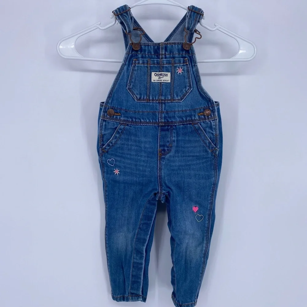 OshKosh B'gosh Blue & Pink Girls Denim Flower Overalls 12M
